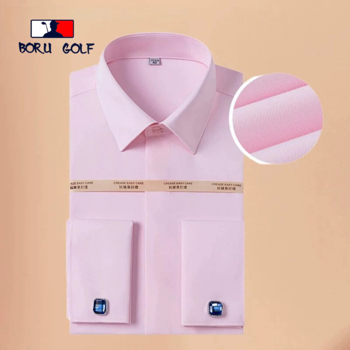 BORU GOLF80支暗门襟粉色衬衫男秋季薄款品牌长袖商务法式衬衣