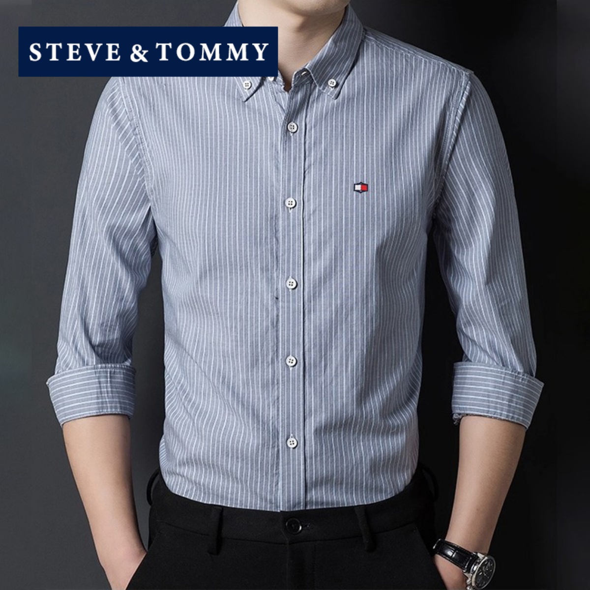 汤米纯棉长袖条纹衬衫男春秋新款
