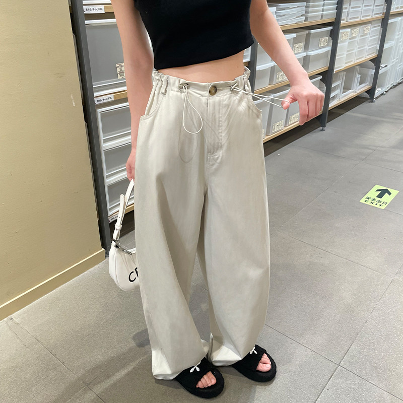 灰白色工装裤女2024春夏新款宽松抽绳休闲阔腿裤直筒百搭降落伞裤 - 实物图