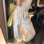 老钱风亚麻裤 白色苎麻裤 水洗松紧腰抽绳休闲棉麻阔腿裤 薄款 女夏季