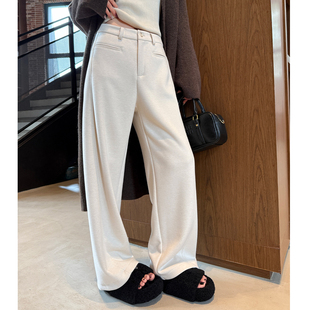 白色羊毛呢阔腿裤女春秋冬季加绒高腰糯米窄版休闲直筒弯刀西装裤