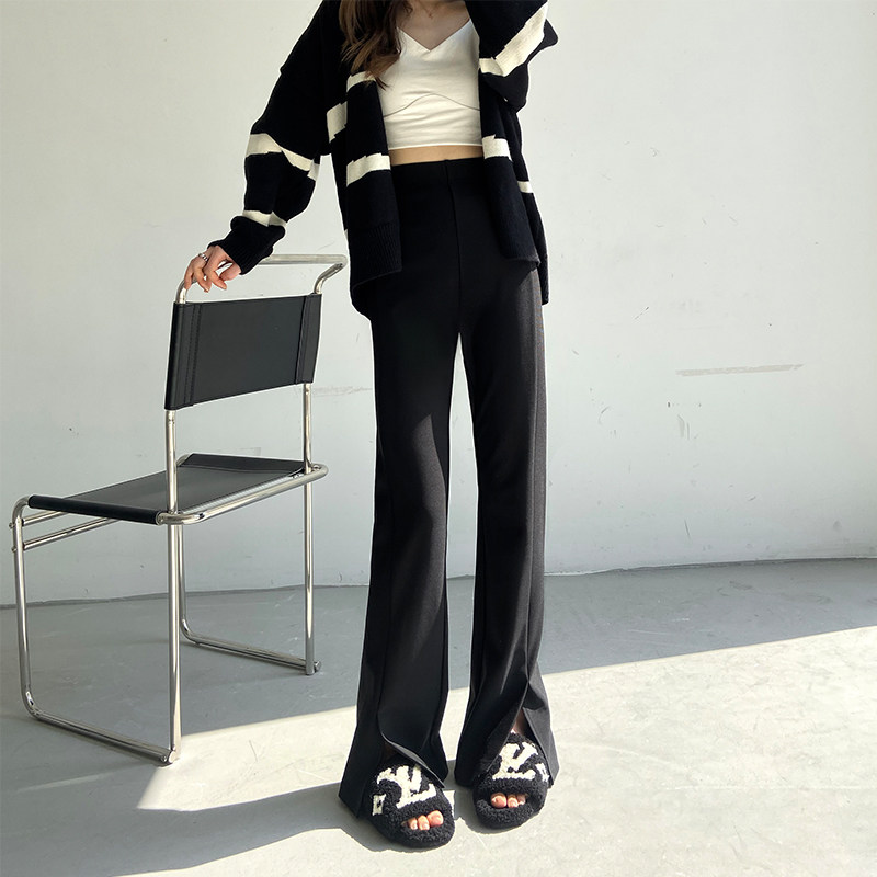 黑色微喇开叉裤女2022春款阔腿拖地长裤弹力高腰显瘦直筒喇叭裤子