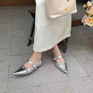 c女鞋单鞋26新款时装单鞋方跟鞋尖头头双扣单鞋时尚百搭舒适气质