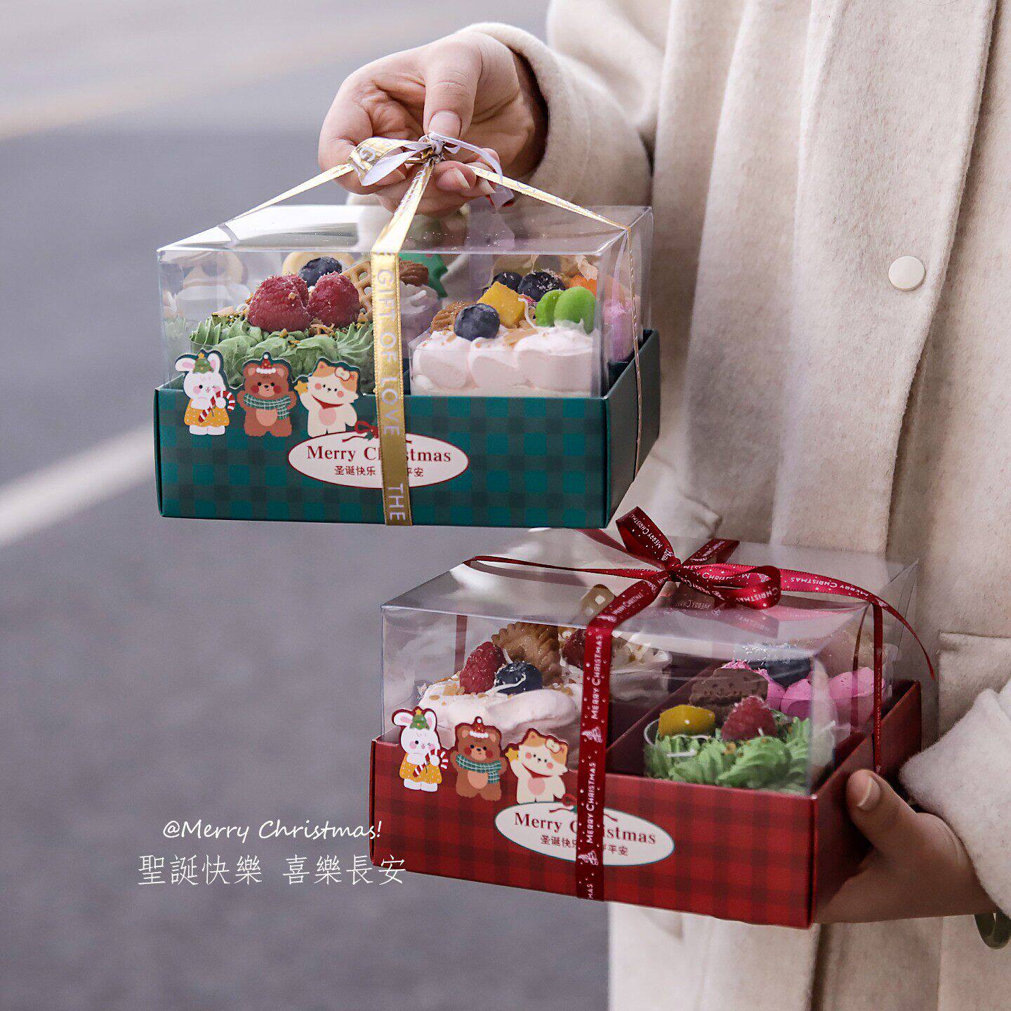 圣诞节甜品盒蛋糕装饰包装盒烘焙慕斯四喜盒4宫格打包红色手提盒