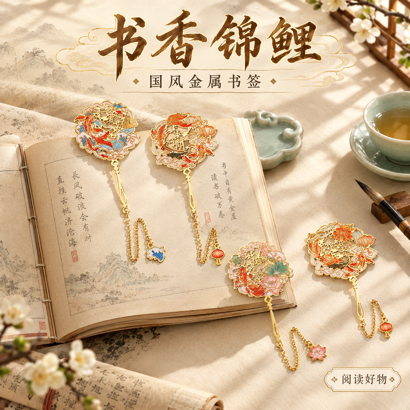 古风流苏团扇书签镂空高档精致伴手礼文创纪念创意古典中国风锦鲤励志文字书页夹初中学生毕业季奖励礼物老师