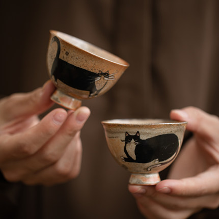 蕴华堂 创意陶瓷手工绘银小猫茶杯志野烧功夫茶具品茗杯个人单杯