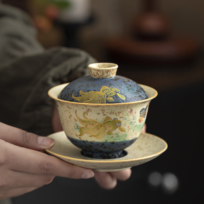 蕴华堂泡茶盖碗单个高档青花火石红功夫茶具三才茶碗茶杯三件套