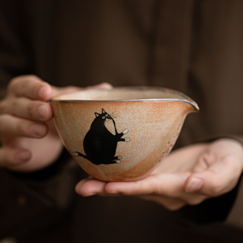 蕴华堂志野烧复古陶瓷公道杯手绘鎏银小猫茶海分茶器单个匀杯公杯
