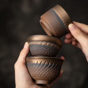 蕴华堂古早烧粗陶茶杯家用办公复古大号主人杯手工跳刀品茗杯单杯