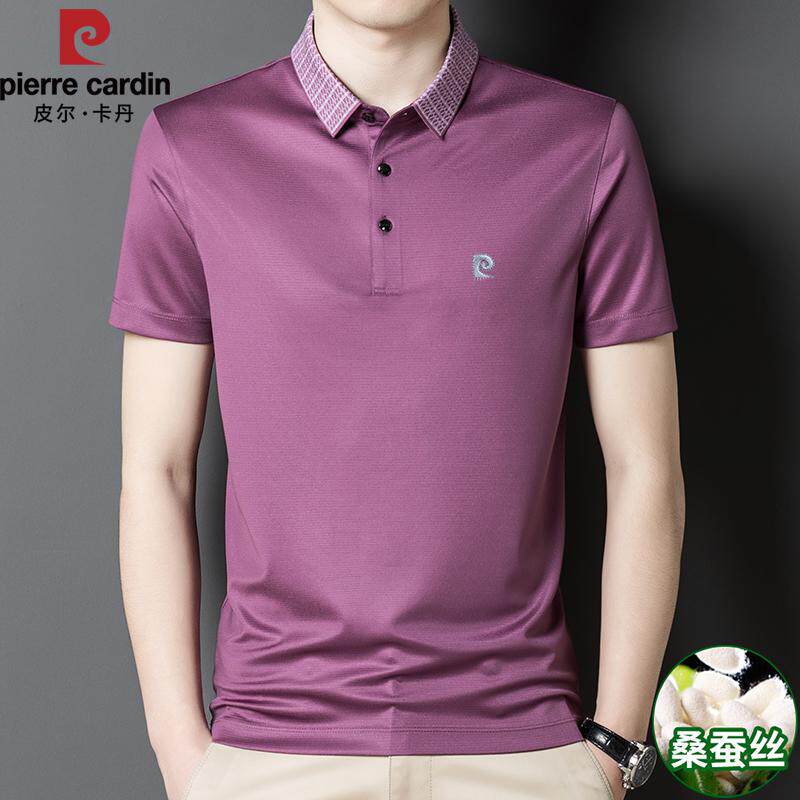 皮尔卡丹2024夏季新款桑蚕丝翻领短袖T恤POLO衫男士中老年爸爸装