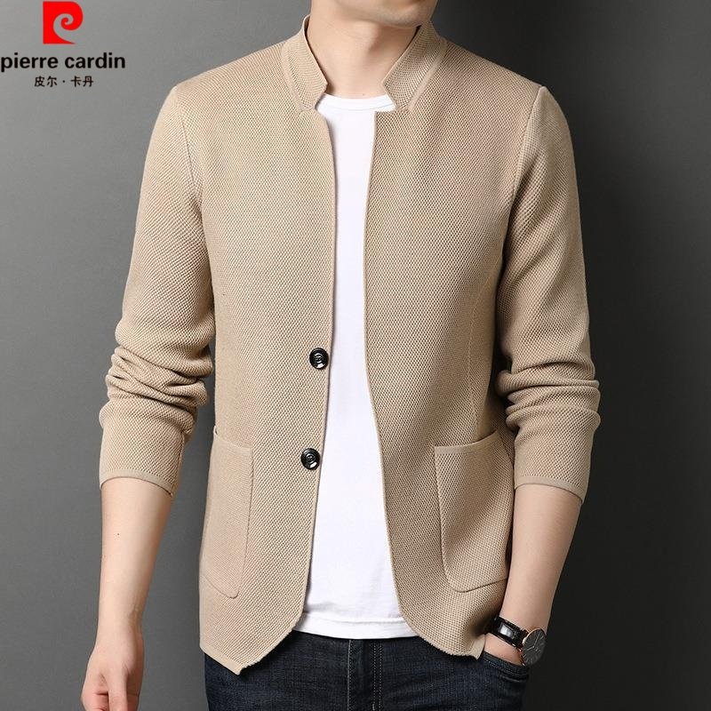 皮尔卡丹男士韩版新款西装领纯色毛衣开衫时尚休闲春秋针织衫外套