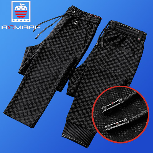 格子裤秋冬男裤大码男运动裤美国苹果AEMAPE弹力宽松裤束脚针织裤