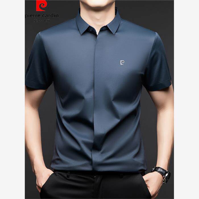2024夏季皮尔卡丹男士桑蚕丝短袖衬衫无痕免烫冰丝商务隐形扣衬衣