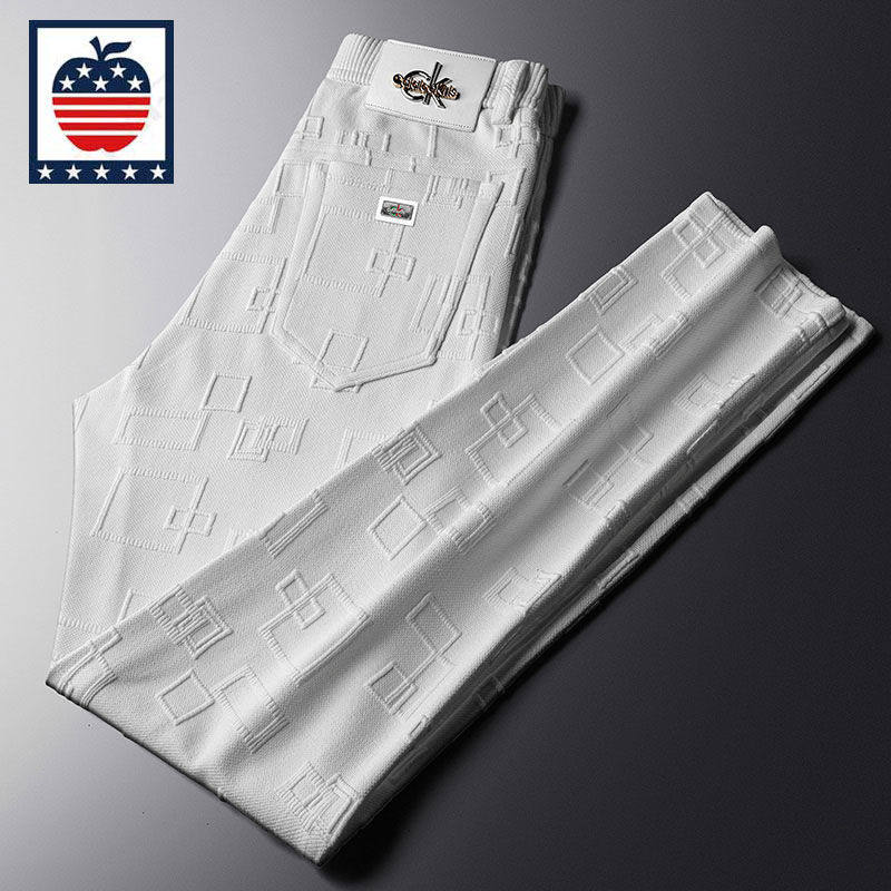 美国苹果爱曼普秋冬男士直筒休闲裤子针织提花牛仔裤宽松白色加厚