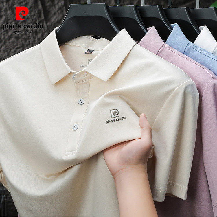 皮尔卡丹夏季新款绣标纯棉翻领短袖T恤男士时尚商务透气薄款衬衫