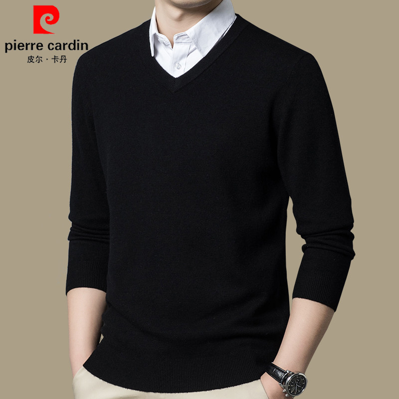 皮尔卡丹羊毛衫男厚款秋冬季鸡心领毛衣纯色V领中年爸爸装打底衫