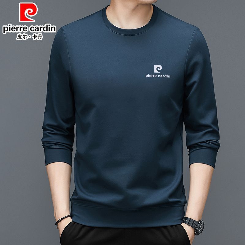 皮尔卡丹高档丝光棉长袖t恤男士春秋新款休闲纯色圆领卫衣打底衫