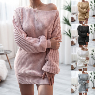 Long sleeved one collar knitted woolen dress for women
