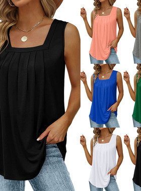 Women's pleated square neck sleeveless tailcoat vest T-shirt