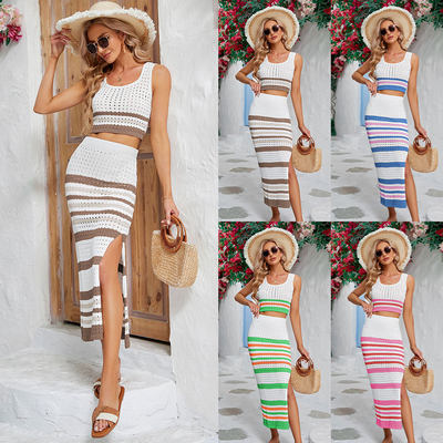 Women's Square Neck Stripe Set Short Tank Top Split Long Dre