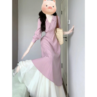 新款 连衣裙女2026年春季 气质收腰显瘦长裙 温柔风紫色翻领衬衫 法式