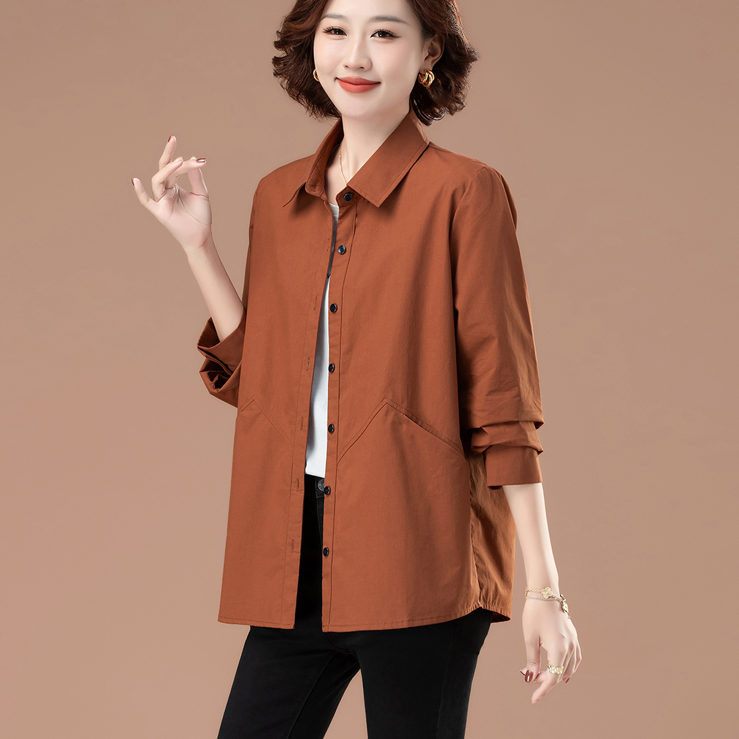 纯棉长袖衬衫女宽松百搭妈妈装