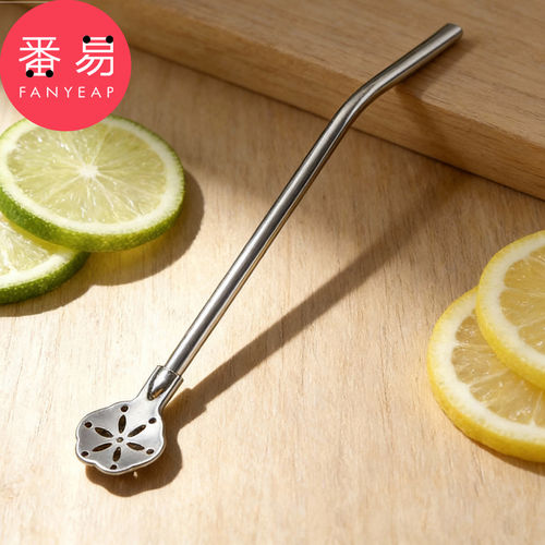 吸管勺B1pn008-奶茶果汁搅拌勺过滤一体两用马黛勺花型吸管勺子