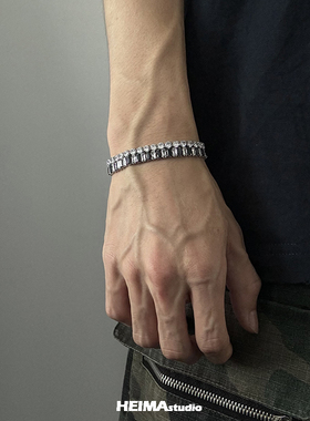 不掉色满钻T方钻网球链手链hiphop男女嘻哈钛钢手饰美式小众设计