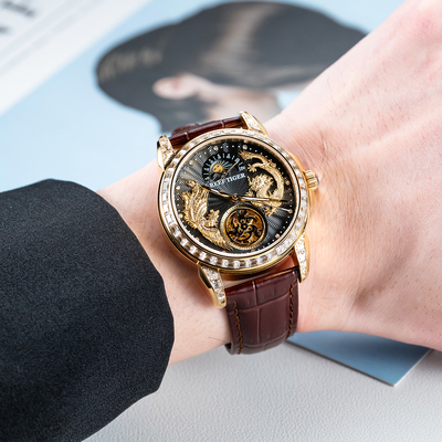 龙凤经典男士镂空陀飞轮机械表