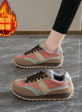 品牌真皮华夫阿甘运动鞋女轻便防滑休闲鞋软底跑步鞋加绒保暖棉鞋