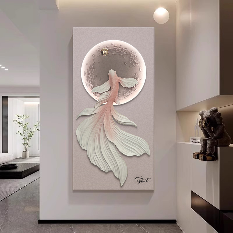 现代简约入户玄关装饰画立体浮雕高档轻奢挂画走廊锦鲤创意灯光画图片
