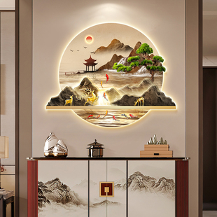 入户玄关装饰画迎客松挂画新中式正对门高级感带灯画走廊过道壁画