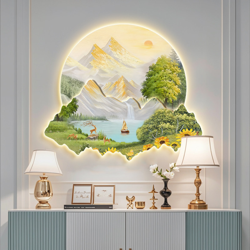 新款聚宝盆山水风景画玄关装饰画入户进门走廊高档带灯壁画高级感