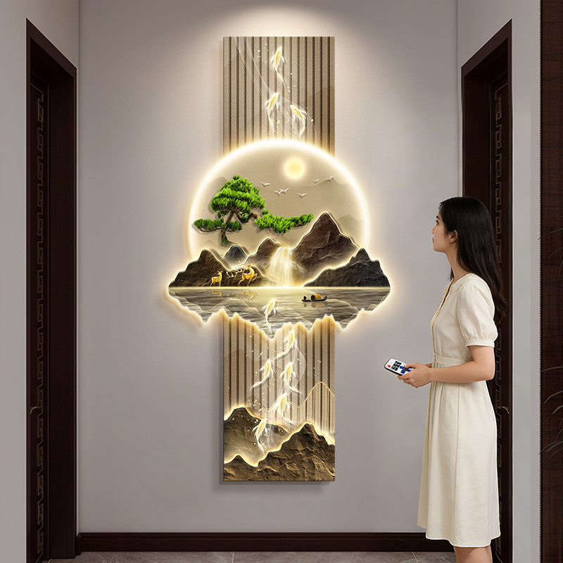 新中式九鱼图玄关装饰画入户正对门轻奢山水走廊尽头挂画客厅壁灯