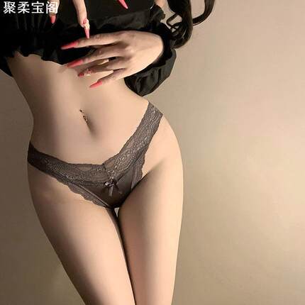 法式高开叉复古V字丁字内裤女纯棉裆性感低腰缎面纯欲蕾丝内裤女