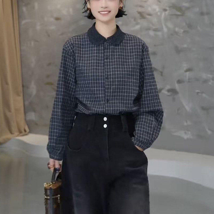 复古风格纹衬衫女翻领排扣长袖休闲百搭显白上衣新品春装格子衬衫,女装/女士精品,衬衫,淘宝优惠券,粉丝福利购,淘宝优惠卷