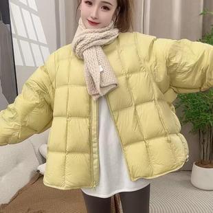 欧洲站2024冬季欧货慵懒随性廓版方块压格面包服明黄色圆领羽绒服