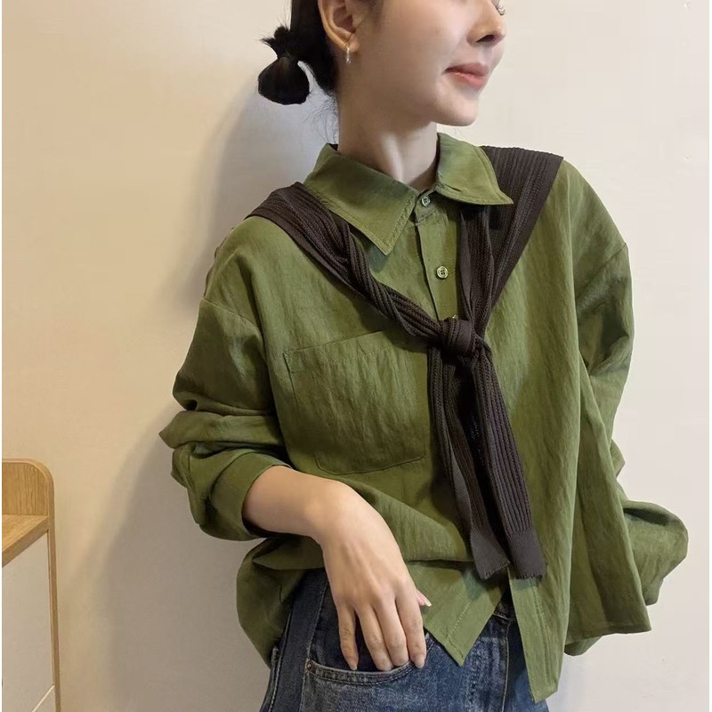 韩版时尚披肩款长袖衬衫女绿色宽松显瘦百搭休闲上衣短款翻领女装