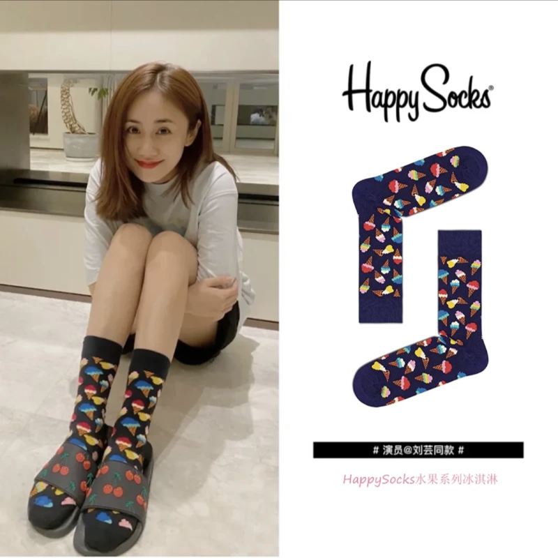HappySocks彩色潮袜女中高筒棉袜四季款经典卡通樱桃小白熊情侣袜