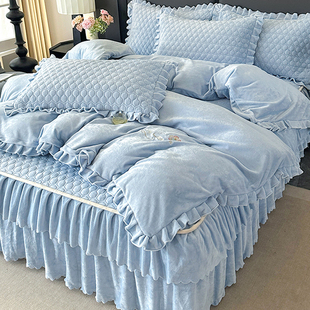 冬季 四件套纯色珊瑚绒花边被套防滑夹棉床罩三件 加厚牛奶绒床裙款