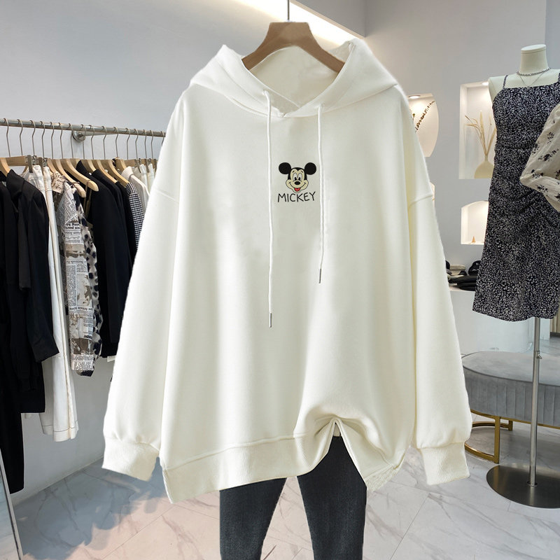 2024 새로운 출산 가을 겨울 후드 티셔츠 중간 길이 순수 코튼 한국식 벨벳과 두꺼워지는 루즈 캐주얼 탑