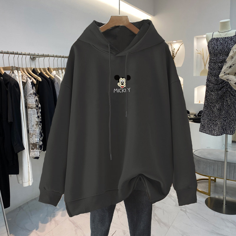 2024 새로운 출산 가을 겨울 후드 티셔츠 중간 길이 순수 코튼 한국식 벨벳과 두꺼워지는 루즈 캐주얼 탑