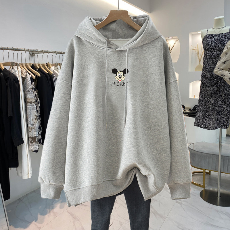 2024 새로운 출산 가을 겨울 후드 티셔츠 중간 길이 순수 코튼 한국식 벨벳과 두꺼워지는 루즈 캐주얼 탑