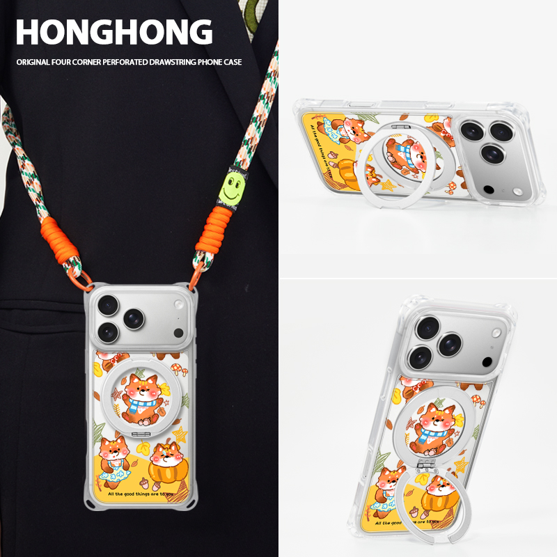 原创秋日狐狸适用苹果17promax手机壳13卡通可爱小众iphone16plus防摔支架创意新款15pro斜挎挂绳手提背带14