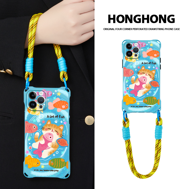 原创猫和小鱼适用苹果16promax华为mate50手机壳斜挎pura80卡通小众13挂绳手提iphone15创意p70新款14潮流12