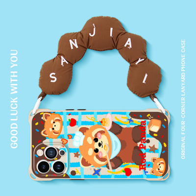 原创料理小熊猫适用苹果17promax华为mate70手机壳14卡通可爱pura80斜挎手提挂绳iphone16plus小众创意15pro