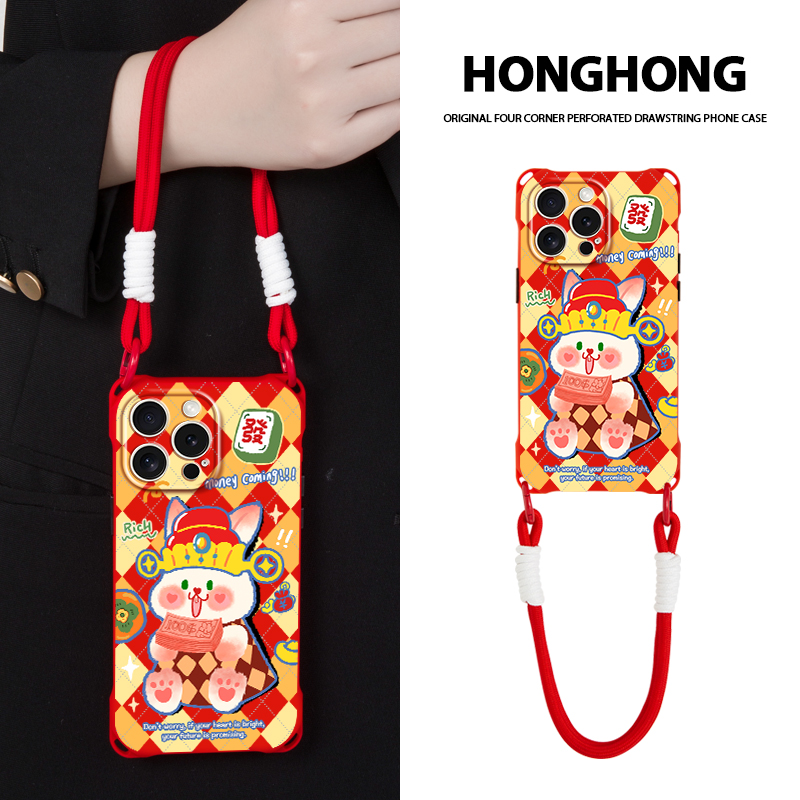 适用华为mate60苹果13promax手机壳卡通17原创财神小兔iphone15/16pro挂绳红色pura70pro斜跨背带14手提50