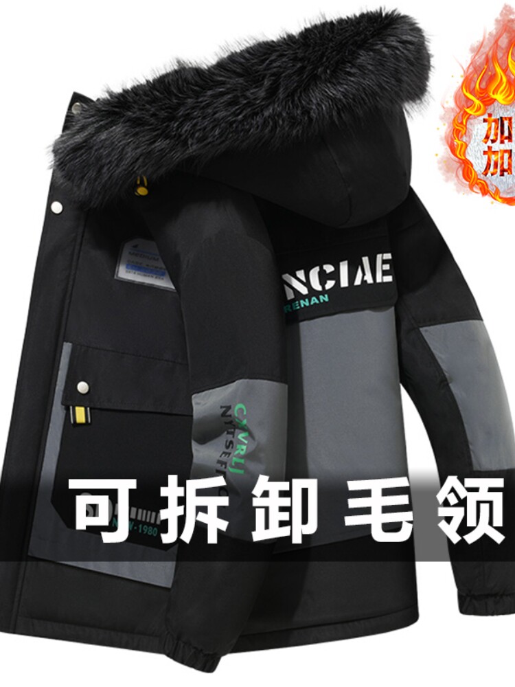 JACKET MENS AUTUMN AND WINTER NEW FLEECE THICKENED COTTON CLOTHES KOREAN VERSION TREND MENS LAMB WOOL HOODED WARM COLD CLOTHING