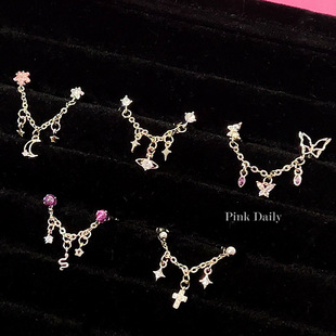 Jian's蝴蝶十字架链条耳骨钉双耳洞耳骨链耳蜗链平底钛钢耳饰