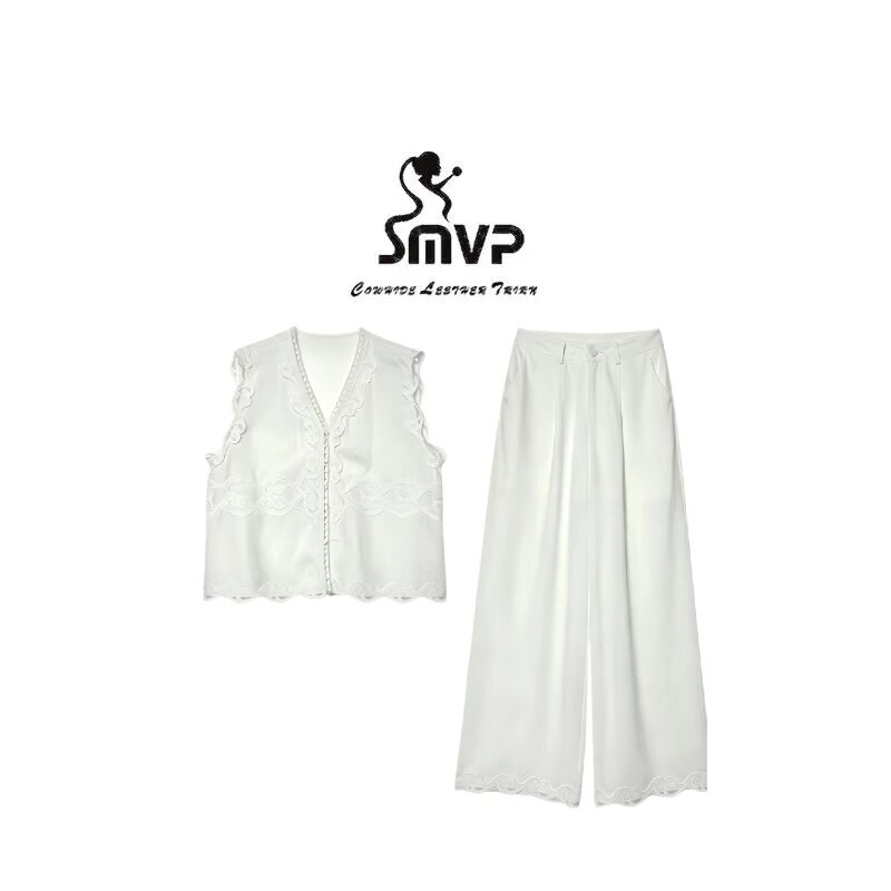 【SMVP】「云纱绣」重工蕾丝刺绣马甲+花边阔腿裤套装-86015